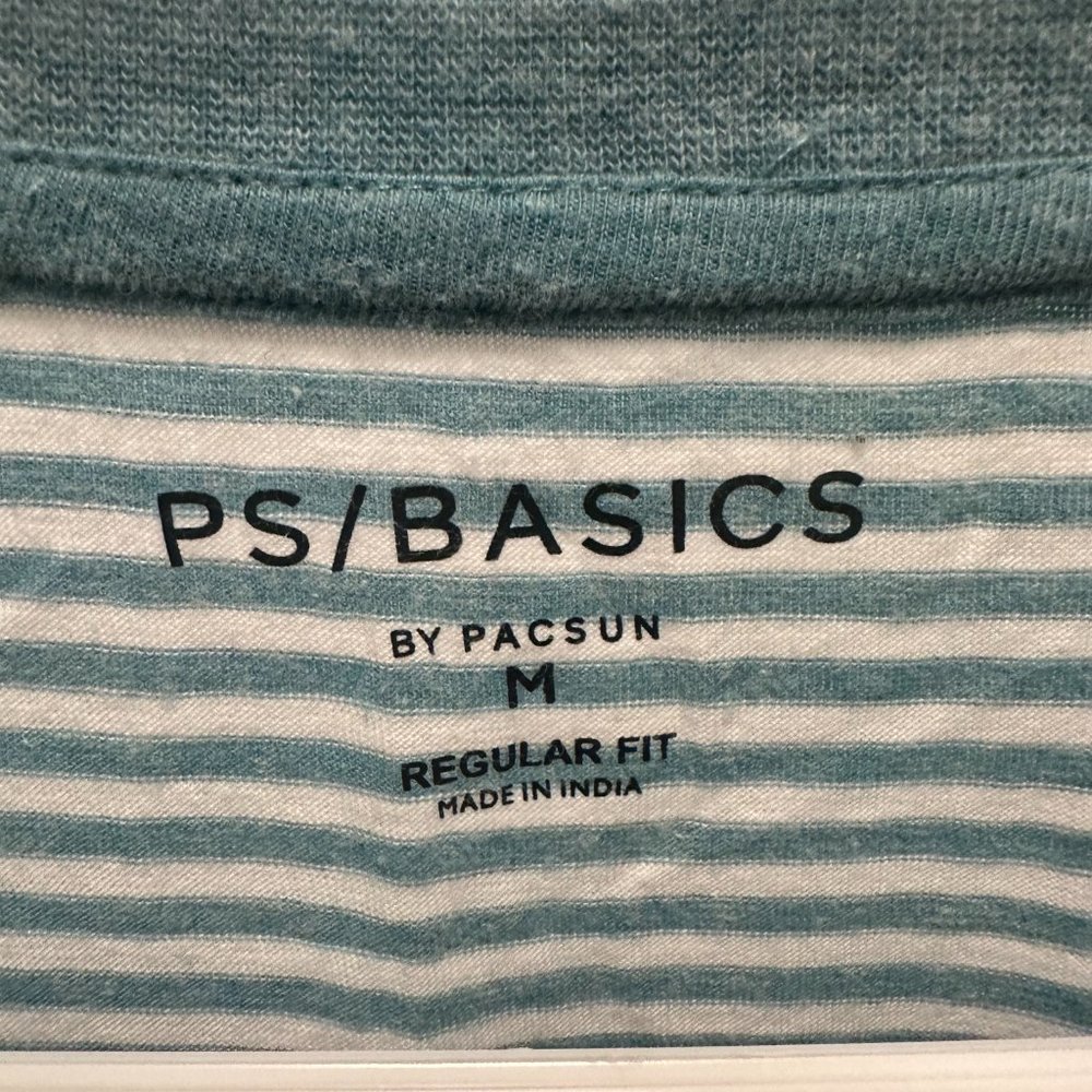 PacSun PS Basics Teal Blue Men Stripe Striped T-Shirt Medium Cotton - Picture 3 of 4